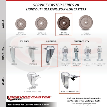 Service Caster 4 Inch SS High Temp Glass Filled Nylon 3/8 Inch Stem Caster Lock Brake SCC, 2PK SCC-SSTSTTL20S414-GFNSHT-381615-2-S2